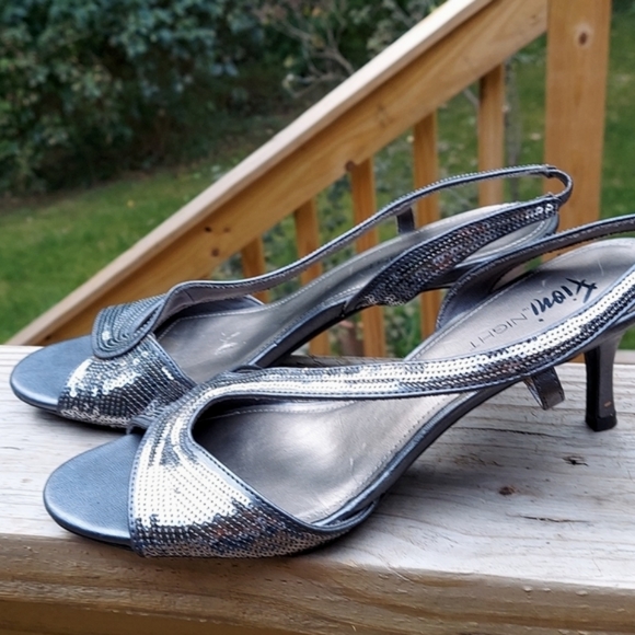 Fiona Night Sequin Silver Gunmetal Open Toe Pumps Sz 10 - Picture 4 of 16